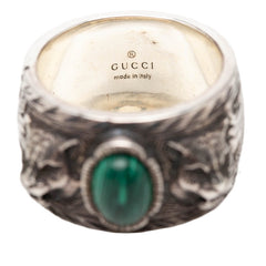グッチ タイガーヘッド ガーデン リング 指輪 #23 シルバー グリーン SV925 シルバー マカライト メンズ GUCCI 【中古】