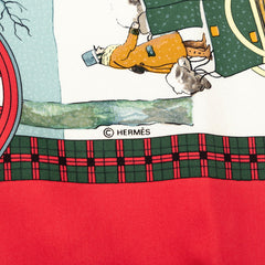 エルメス カレ90 冬の郵便馬車 L'Hiver en Poste スカーフ レッド マルチカラー シルク レディース HERMES 【中古】