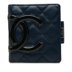 シャネル カンボンライン ココマーク 二つ折り財布 ネイビー エナメル カーフスキン レディース CHANEL 中古