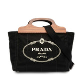 プラダ カナパ ハンドバッグ ショルダーバッグ 2WAY 1BG350 ブラック ブラウン コットン ウッド レディース PRADA 【中古】