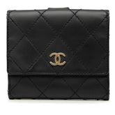 シャネル ワイルドステッチ ココマーク 二つ折り財布 ブラック ゴールド レザー レディース CHANEL 中古