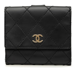 シャネル ワイルドステッチ ココマーク 二つ折り財布 ブラック ゴールド レザー レディース CHANEL 中古
