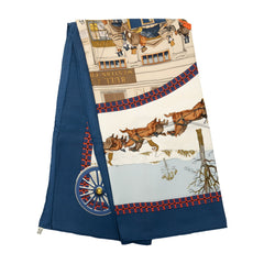 エルメス カレ90 L'Hiver en Poste 冬の郵便馬車 スカーフ 大判スカーフ ネイビー ホワイト シルク レディース HERMES 中古