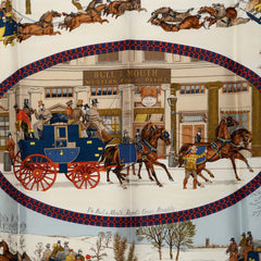 エルメス カレ90 L'Hiver en Poste 冬の郵便馬車 スカーフ 大判スカーフ ネイビー ホワイト シルク レディース HERMES 中古