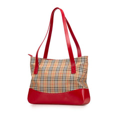 バーバリー ノバチェック シャドーホース ハンドバッグ トートバッグ ベージュ レッド キャンバス レザー レディース BURBERRY 【中古】
