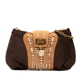 サルヴァトーレフェラガモ ガンチーニ ビジュー チェーン ミニショルダーバッグ AQ-21 6437 ブラウン ベージュ キャンバス レザー レディース Salvatore Ferragamo 【中古】