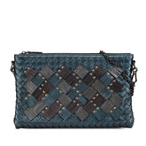 ボッテガヴェネタ イントレチャート スタッズ チェーン ショルダーバッグ ネイビー ブラウン レザー レディース BOTTEGAVENETA 【中古】