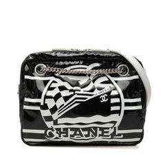 シャネル LA PAUSA チェーン ショルダーバッグ ロゴ ブラック ホワイト PVC レザー レディース CHANEL 中古