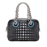 プラダ 三角ロゴプレート パンチング チェーン トートバッグ ハンドバッグ 1BB017 ブラック グレー レザー レディース PRADA 【中古】