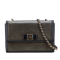 サルヴァトーレフェラガモ ヴァラ リボン ストライプ チェーン ショルダーバッグ ブラック ゴールド PVC レディース Salvatore Ferragamo 中古