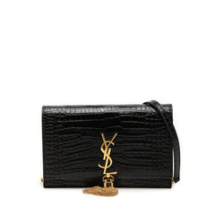 サンローラン YSLロゴ ケイト タッセル クロコ型押し チェーン ショルダーバッグ ブラック レザー レディース SAINT LAURENT 【中古】