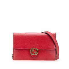 グッチ インターロッキングG 斜め掛け チェーン ウォレット 510314 レッド レザー レディース GUCCI 【中古】