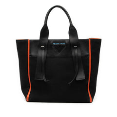 プラダ ウーヴェルチュール ミディアム トートバッグ 1BG233 ブラック オレンジ キャンバス レザー レディース PRADA 【中古】