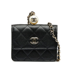 シャネル マトラッセ ココマーク チェーン コインパース カードケース ブラック キャビアスキン フェイクパール レディース CHANEL 【中古】