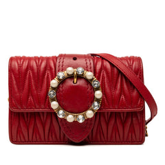 ミュウミュウ マテラッセ 斜め掛け チェーン ショルダーバッグ レッド レザー ビジュー レディース MIUMIU 【中古】
