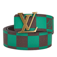 ルイ ヴィトン ダミエ LVイニシャル リバーシブル ベルト 95/38 M8545 グリーン ブラウン PVC レザー メンズ LOUIS VUITTON 【中古】
