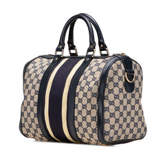 グッチ GGキャンバス ミニボストンバッグ ショルダーバッグ 2WAY 247205 ネイビー ベージュ キャンバス レザー レディース GUCCI 【中古】