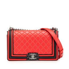 シャネル ボーイシャネル ココマーク チェーン ショルダーバッグ レッド ブラック ラムスキン ラバー レディース CHANEL 【中古】