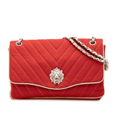 シャネル シェブロン ライオン チェーン ショルダーバッグ ハンドバック レッド ベージュ コットン レザー レディース CHANEL 【中古】
