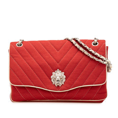 シャネル シェブロン ライオン チェーン ショルダーバッグ ハンドバック レッド ベージュ コットン レザー レディース CHANEL 【中古】