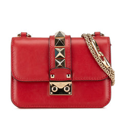 ヴァレンティノ ロックスタッズ チェーン 斜め掛け ショルダーバッグ レッド レザー レディース VALENTINO 【中古】