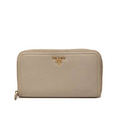 プラダ ロゴ ラウンドファスナー 長財布 グレージュ レザー レディース PRADA 中古