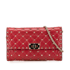 ヴァレンティノ ロックスタッズ チェーン ショルダーバッグ レッド ゴールド レザー レディース VALENTINO 【中古】