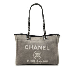 シャネル ココマーク ドーヴィルMM チェーン トートバッグ ショルダーバッグ グレー キャンバス レザー レディース CHANEL 【中古】