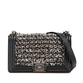 シャネル ボーイシャネル25 斜め掛け チェーン ショルダーバッグ ブラック ホワイト レザー ツイード レディース CHANEL 中古