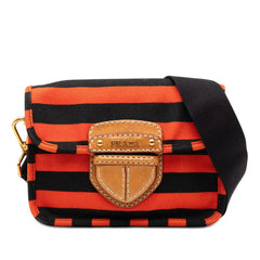 プラダ 三角ロゴプレート カナパ ボーダー ショルダーバッグ BT0785 オレンジ ブラック キャンバス レザー レディース PRADA 【中古】