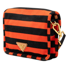 プラダ 三角ロゴプレート カナパ ボーダー ショルダーバッグ BT0785 オレンジ ブラック キャンバス レザー レディース PRADA 【中古】