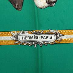 エルメス カレ90 LE LAISSER COURRE ル レッセ クール 猟犬 スカーフ グリーン シルク レディース HERMES 中古