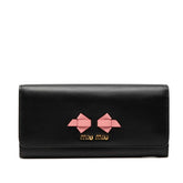 ミュウミュウ リボン 二つ折り 長財布 ブラック ピンク レザー レディース MIUMIU 【中古】
