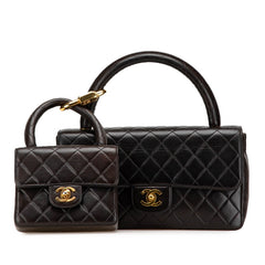 シャネル トップハンドル 親子バッグ ハンドバッグ ブラック ラムスキン レディース CHANEL 【中古】