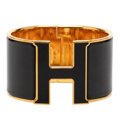 エルメス クリッククラックH PM エクストラワイド ブレスレット バングル ゴールド ブラック メッキ エナメル レディース HERMES 【中古】