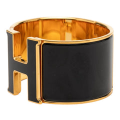 エルメス クリッククラックH PM エクストラワイド ブレスレット バングル ゴールド ブラック メッキ エナメル レディース HERMES 【中古】