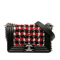 シャネル ボーイシャネル スモール チェーン ショルダーバッグ ブラック レッド ツイード レザー レディース CHANEL 中古