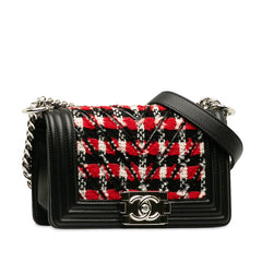 シャネル ボーイシャネル スモール チェーン ショルダーバッグ ブラック レッド ツイード レザー レディース CHANEL 中古