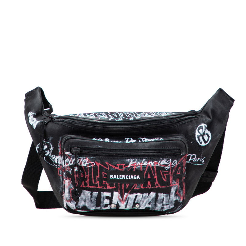 バレンシアガ タトゥーロゴ エクスプローラー ベルトパック ボディバッグ ウエストバッグ 482389 ブラック レッド ホワイト キャンバス メンズ BALENCIAGA 【中古】