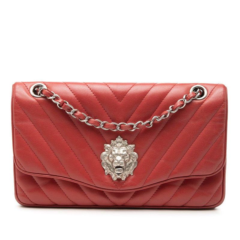 シャネル シェブロン ライオン チェーン ハンドバッグ ショルダーバッグ レッド ラムスキン レディース CHANEL 【中古】