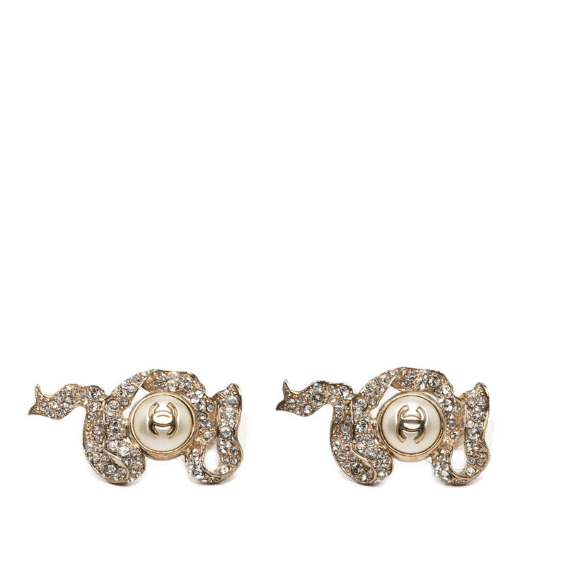 シャネル ココマーク リボン モチーフ ピアス ゴールド メッキ フェイクパール ラインストーン レディース CHANEL 【中古】