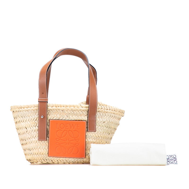 ロエベ アナグラム バスケットバッグ ハンドバッグ ベージュ オレンジ ラフィア レザー レディース LOEWE 【中古】