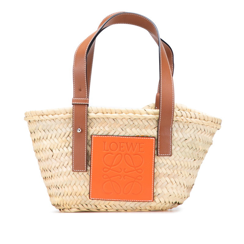 ロエベ アナグラム バスケットバッグ ハンドバッグ ベージュ オレンジ ラフィア レザー レディース LOEWE 【中古】