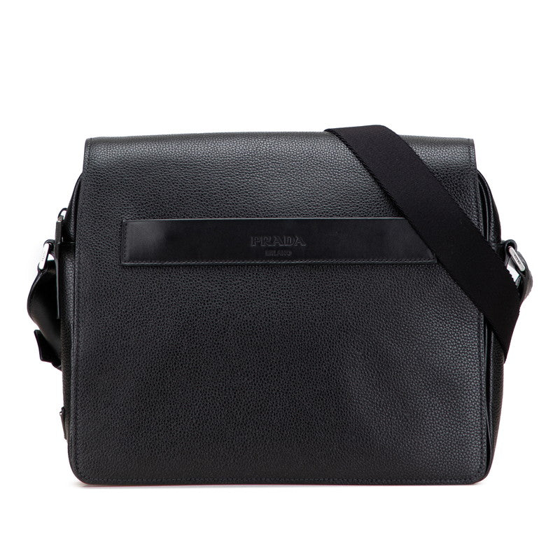 プラダ ロゴ メッセンジャーバッグ ショルダーバッグ ブラック レザー メンズ PRADA 【中古】