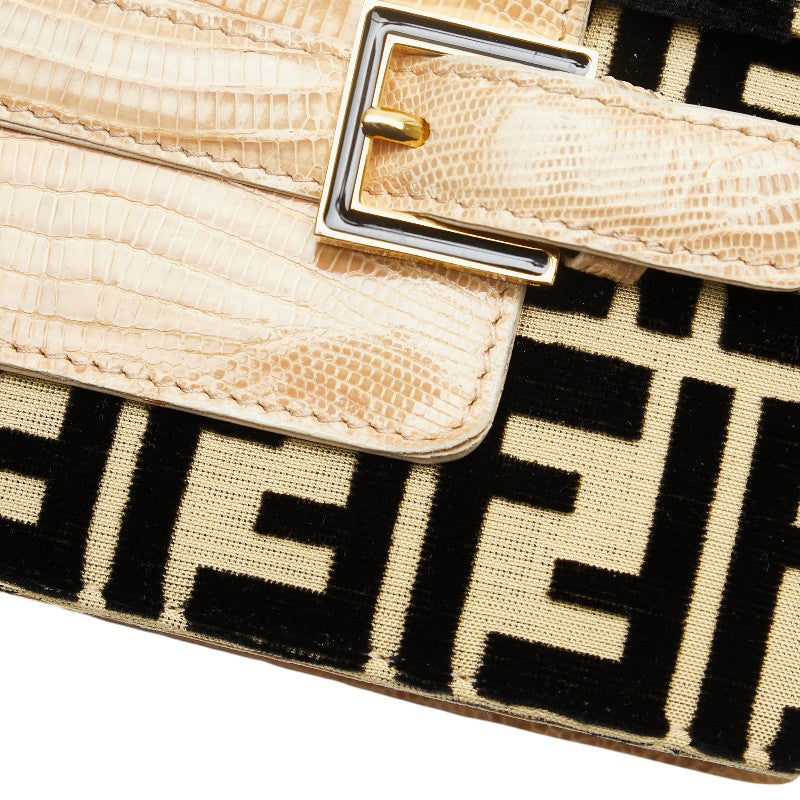 フェンディ ズッカ ショルダーバッグ ベージュ ブラック ベロア リザード レディース FENDI 【中古】
