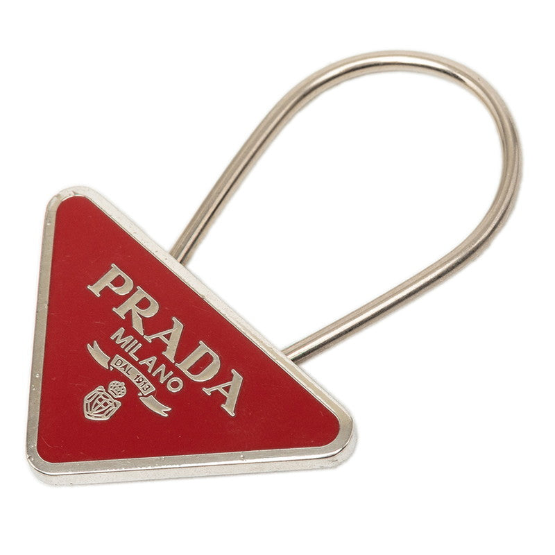 プラダ 三角ロゴプレート キーリング キーホルダー チャーム レッド シルバー メタル レディース PRADA 【中古】
