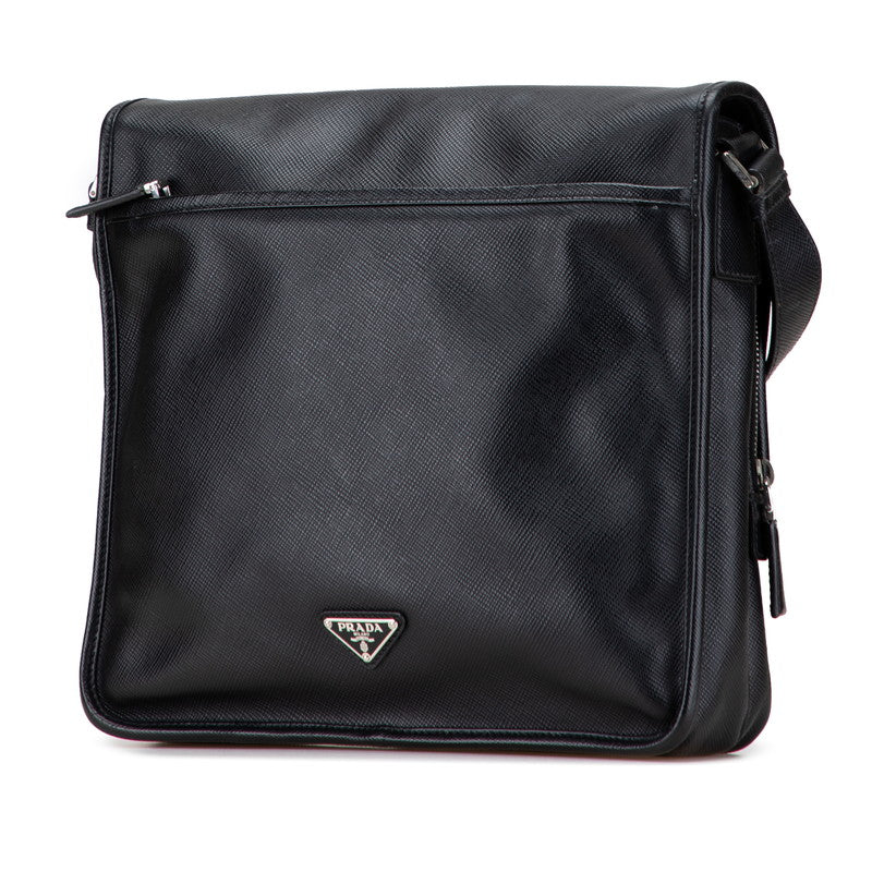 プラダ 三角ロゴプレート 斜め掛け ショルダーバッグ ブラック サフィアーノ レザー レディース PRADA 【中古】