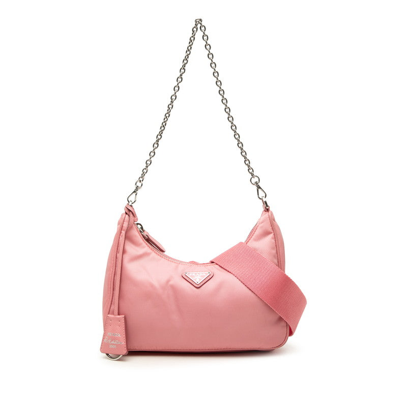プラダ 三角ロゴプレート Re-Edition 2005 チェーン ハンドバッグ ショルダーバッグ 2WAY ピンク ナイロン レザー レディース PRADA 中古