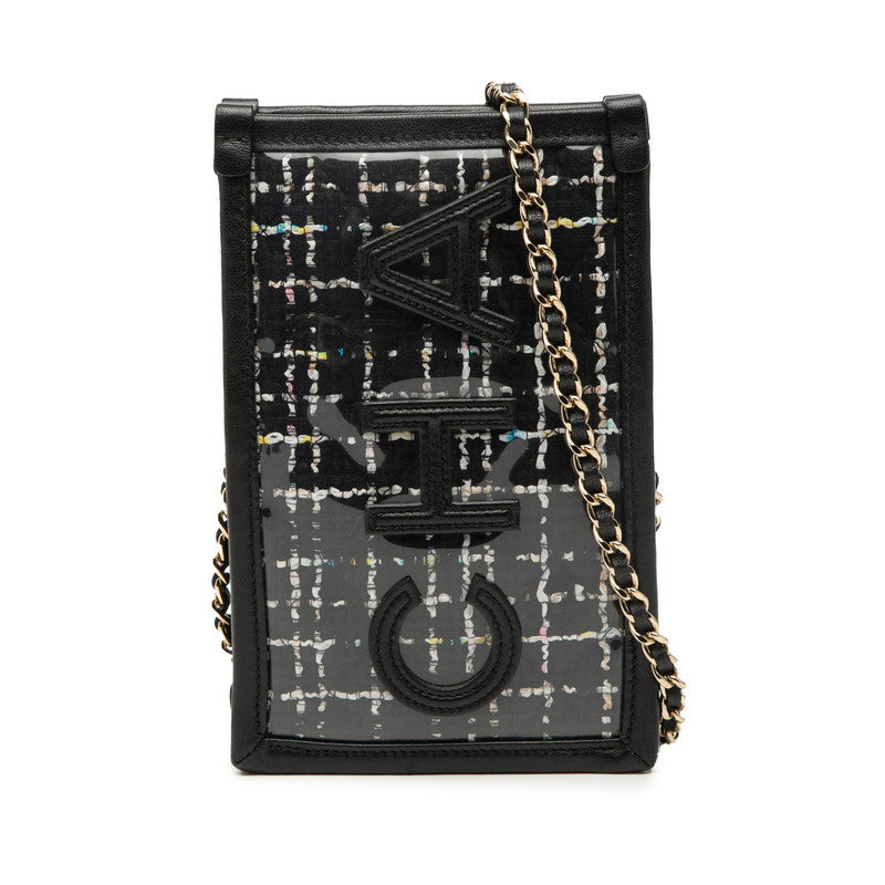 シャネル ロゴ ツイード チェーン ショルダーバッグ フォンケース ブラック ビニール レザー レディース CHANEL 【中古】
