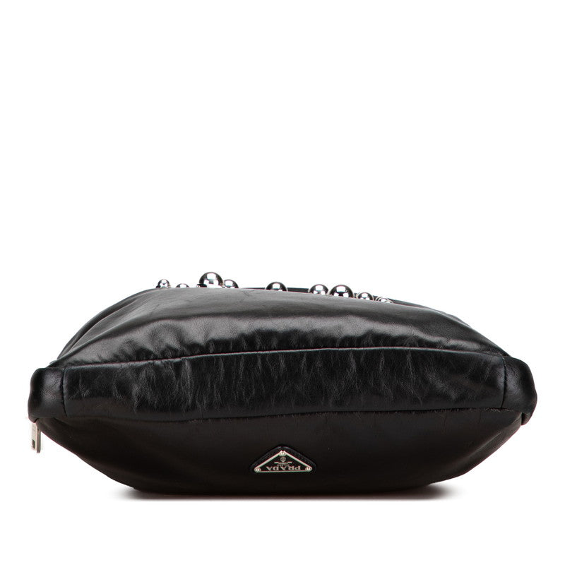 プラダ 三角ロゴプレート メタルプレート スタッズ ハンドバッグ トートバッグ VA0744 ブラック レザー レディース PRADA 【中古】